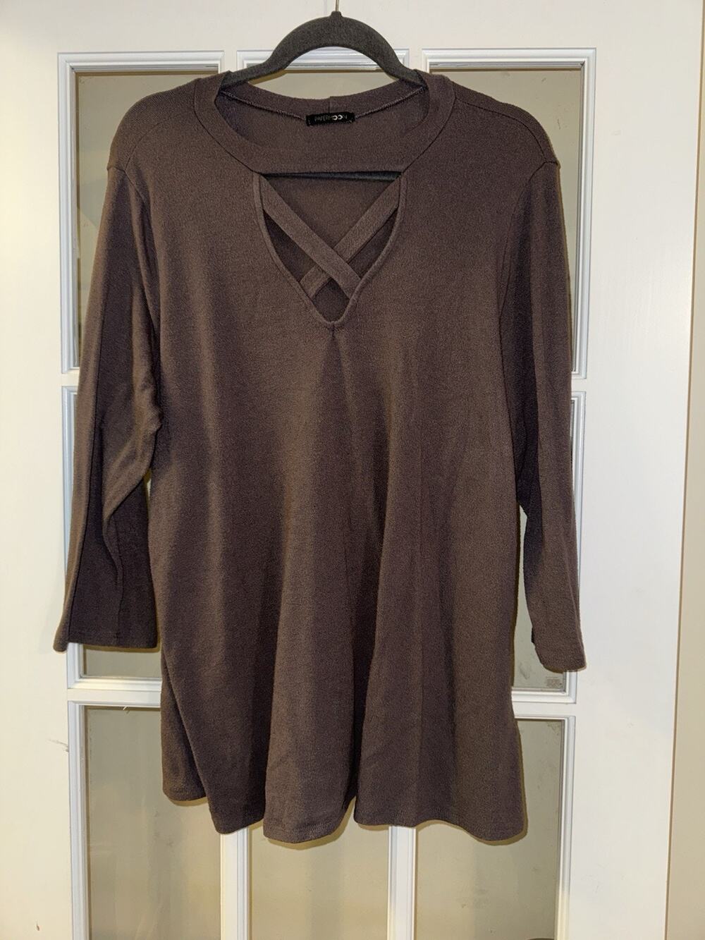 Papermoon Womens Brown Soft Knit Tunic Top Criss Cross V Neck Long Sleeve XL